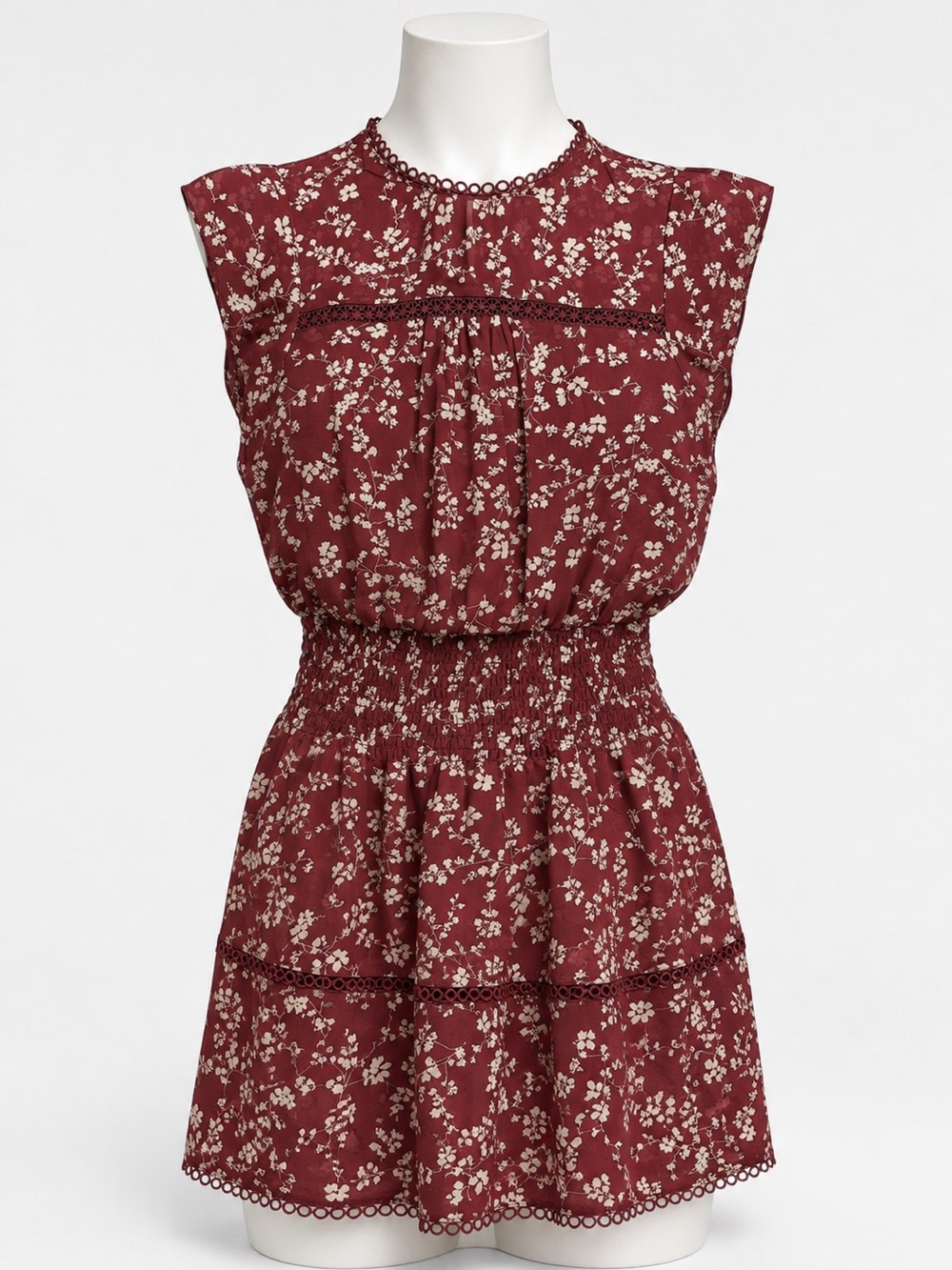 Q+A Los Angeles Burgundy Floral Smocked Tiered Mini Dress Size S